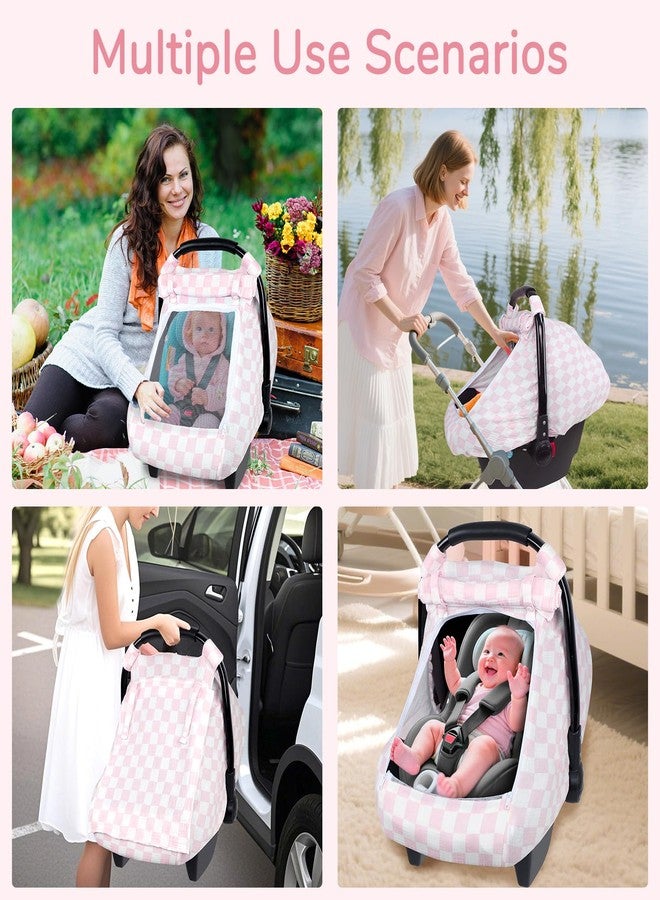 DAYEEBALL Summer Baby Car Seat Cover, Muslin Carseat Cover for Infant Boys Girls with Large Mesh Window, Breathable Newborn Car Seat Canopy, Pink Checkerboard - Image 5